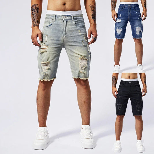 Men Stretch Light Blue Ripped Denim Shorts