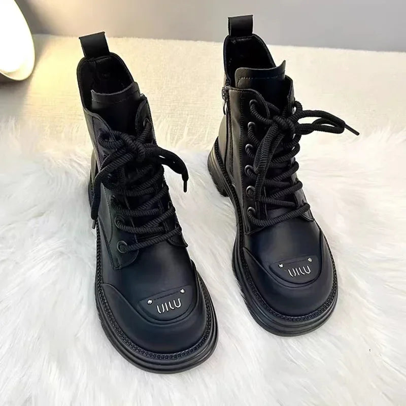 High-Top Women’s Martin Boots – Spring 2025 Round Toe Lace-Up Platform Ankle Boots