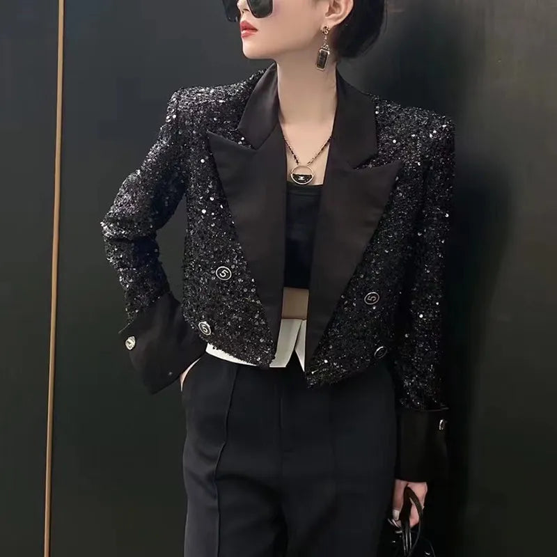 Elegant Sequined Shiny Black Blazer Jacket For Women