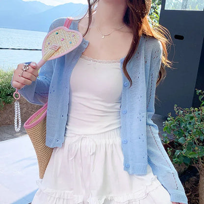 Thin Cardigan For Women Summer Cropped Button V Neck Short Sleeve Knitted Top Slim Sweater Tops Womens Knitwear