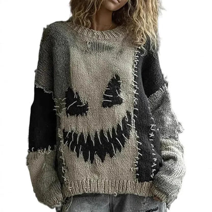 Halloween Knitted Sweater For Women Autumn Gothic Pumpkin Print Streetwear Harajuku Winter Warm Loose Casual Pullover