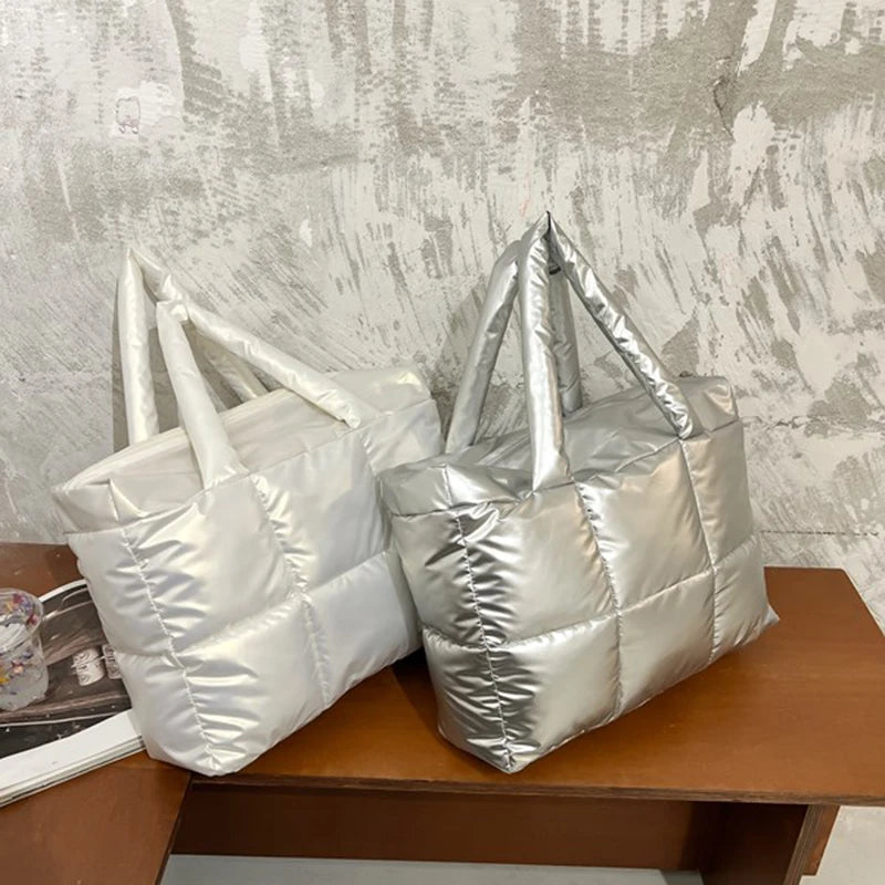 Quilted Winter Shoulder Bag Large Capacity Elegant Cloud Cotton Padded Tote For Fashionable Vacations