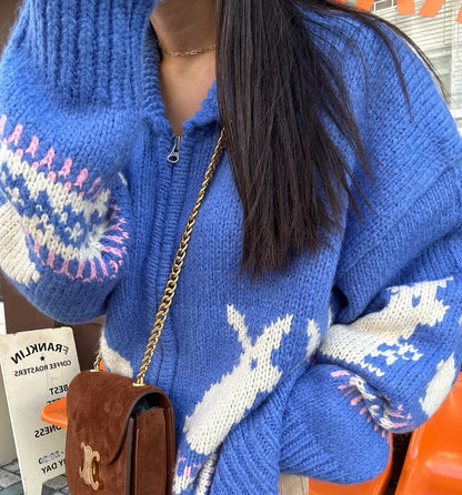 Korean Women Cardigan, Autumn Winter Sweet Stand Collar Zipper Cardigans, Vintage Elegant Cartoon Knitted Female Sweaters