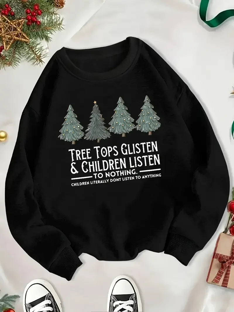 Women's Christmas Tree Sweatshirt – 'Tree Tops Glisten' Fleece Hooded Casual Hoodie, Autumn Loose Fit