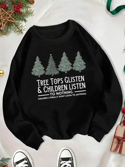 Tree Tops Glisten Printed Crew Neck Sweatshirts