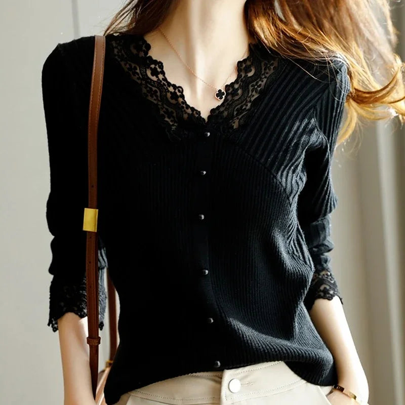 Lace V Neck Knitted Long Sleeve Sweaters For Women
