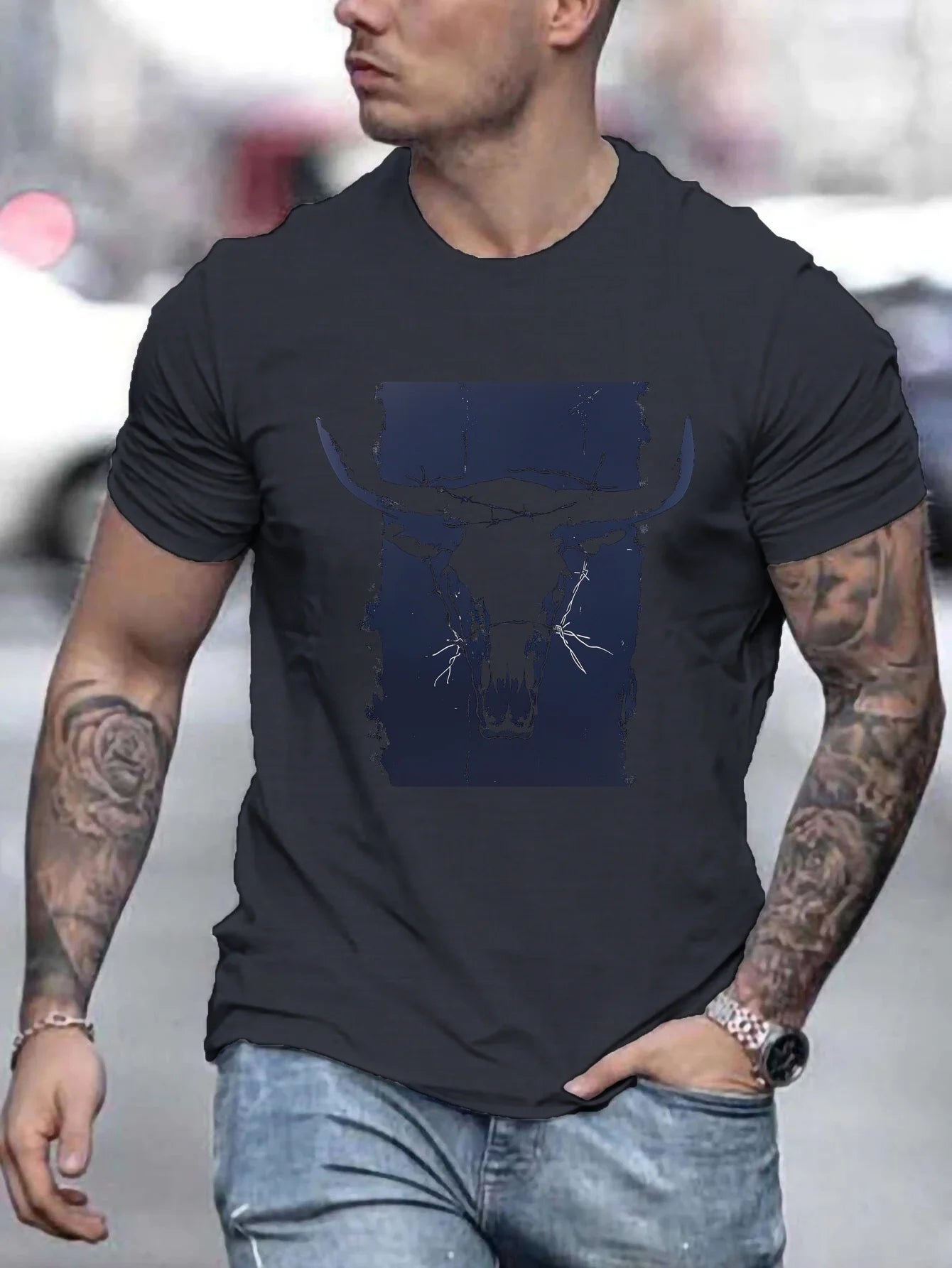 Bull Horns Skull Print Western Themed T Shirts