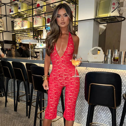 Chic Lace Halter Jumpsuit for an Elegant Coastal Vacation Mood