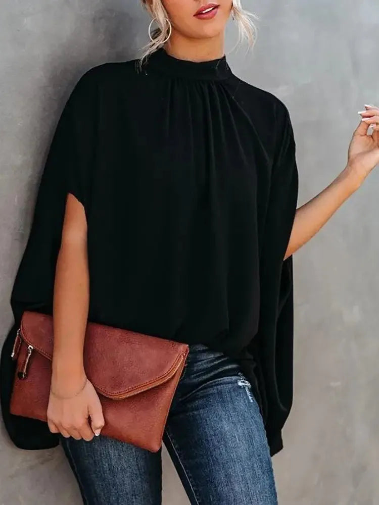 Short Batwing Sleeve Plaid Casual Women Chiffon Blouse Top