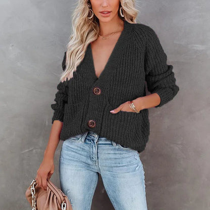 New Autumn Women's Knitted Top Cardigan Sweater Jacket, Casual Solid Color Button Style, Casual Clothing