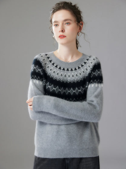 Winter Aesthetic: Grey Fair Isle Crewneck Knit Sweater