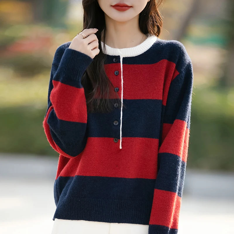 2024 Autumn Winter Womens Striped O Neck Sweater O Neck Long Sleeves Oversized Fit