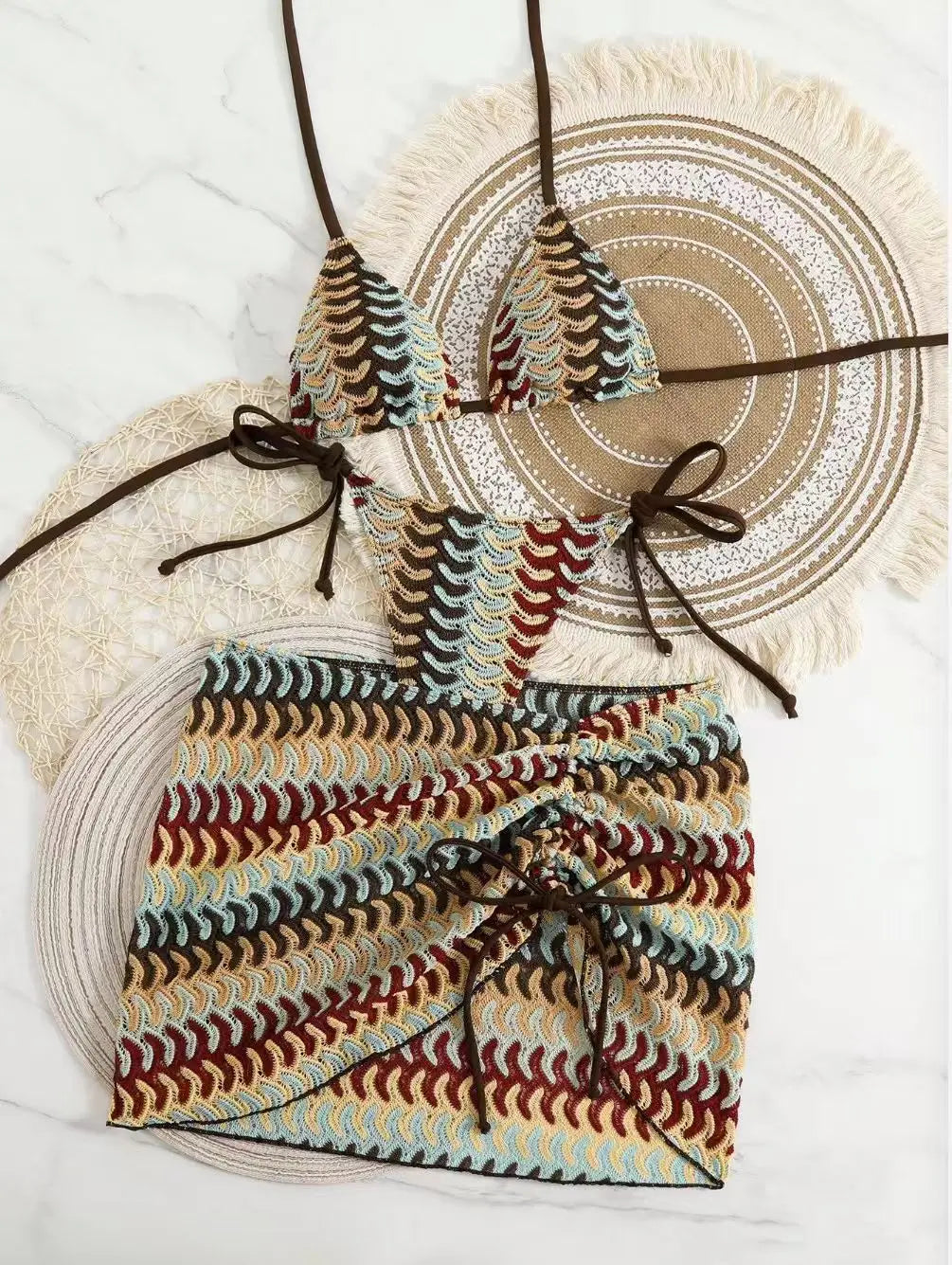 3 Piece Bikini Set With Beach Skirt For Women Printed Halter Swimsuit Beachwear