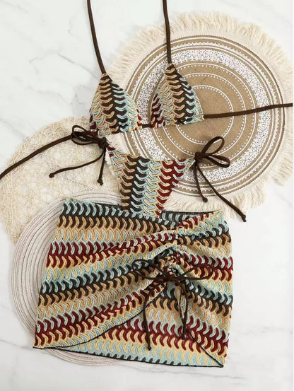 3 Piece Bikini Set With Beach Skirt For Women Printed Halter Swimsuit Beachwear