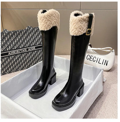 Women’s Knee-High Chelsea Boots | Warm Fur Zipper Platform Boots with Plush Edge, New Botas Mujer