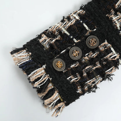 2025 Trendy Designer Yellow Black Striped Tassel Fringed Tweed Jacket For Women