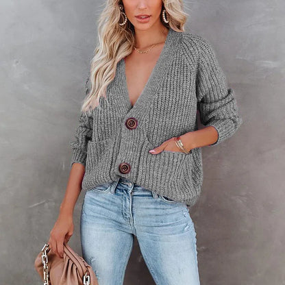 Big Classic Button Deep V-Neck Cardigan