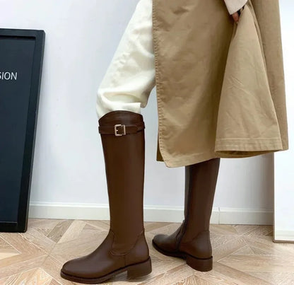 Winter Knee High Brown Boots Square Heel Zip Belt Buckle Gothic Style For Women