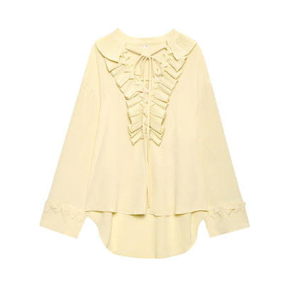 2025 Summer Fashion Vintage Womens Solid Ruffle Blouse Casual Sweet Elegant Top For Youth