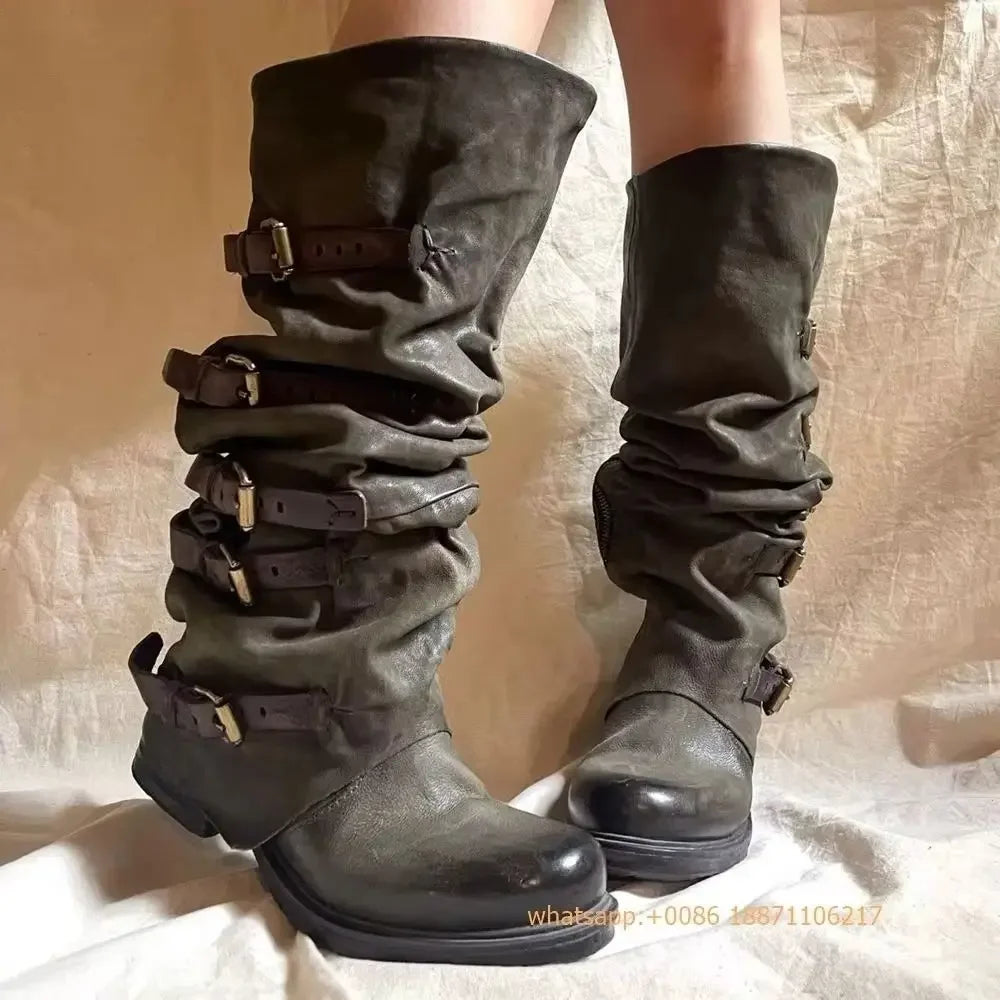 Womens Large Mid Length Retro Boots Buckle Casual Knight Boots For Autumn Winter 2025