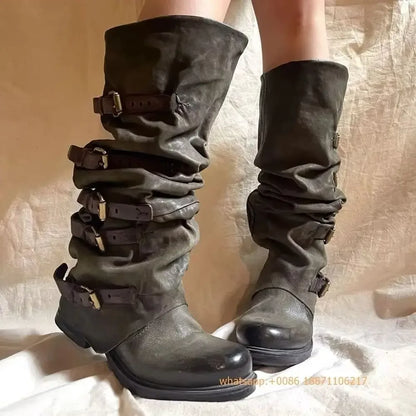 Womens Large Mid Length Retro Boots Buckle Casual Knight Boots For Autumn Winter 2025