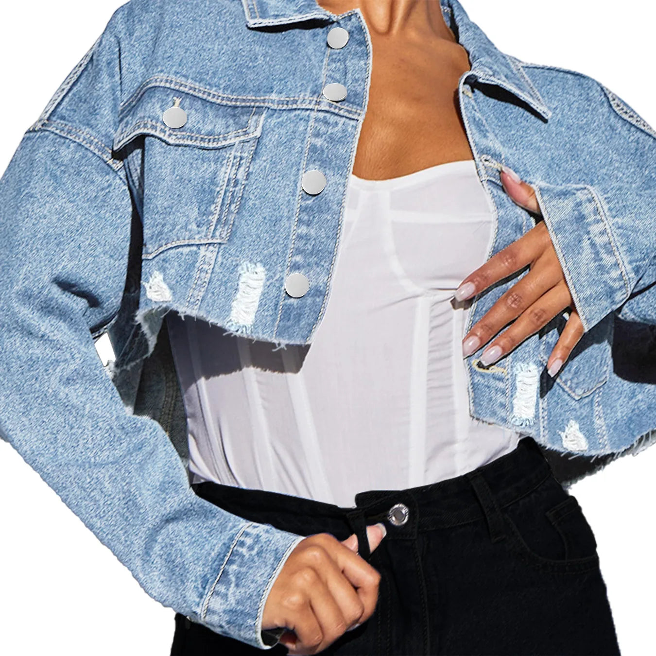 Raw Frayed Style Cool Women Jean Jackets For Spring