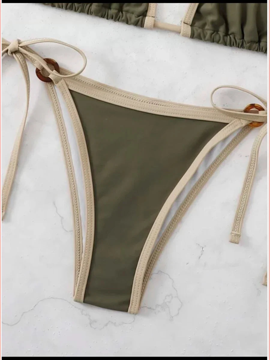 Olive and Beige Contrast Trim Tortoise Link Bikini Aesthetic