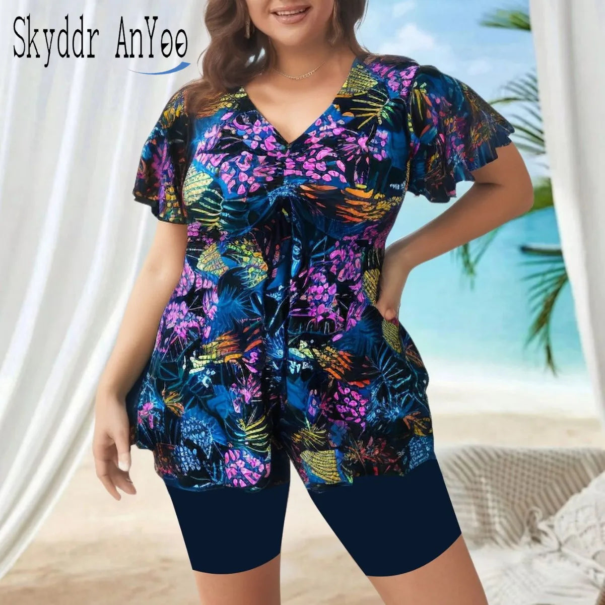 2025 Plus Size Printed Long Sleeve Swimwear For Women Deep V One Piece Swimsuit Beach Bodysuit