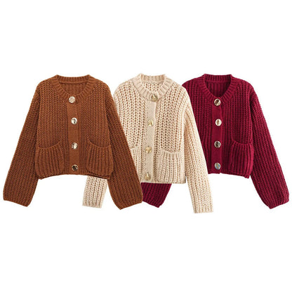 Casual Button Pocket Knitted Cardigan Autumn Winter Korean Fashion Women Tops Loose Knit Coat Sweater Outerwear Clothing