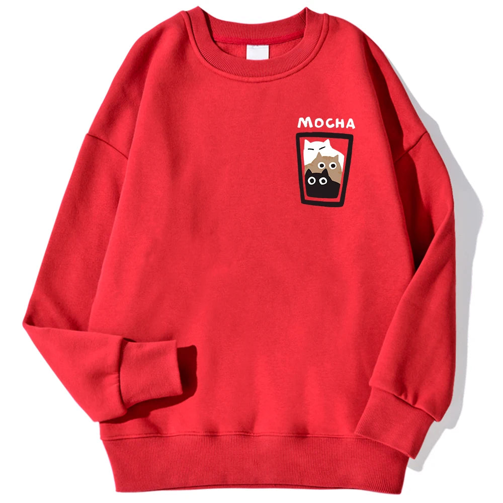 Mocha Cat Cup Printed Crew Neck Sweatshirts