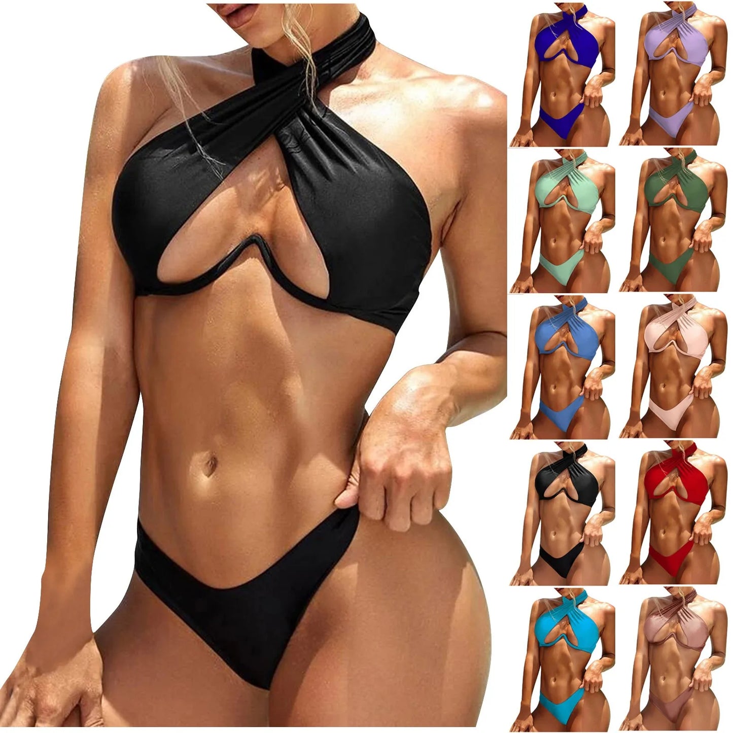 Split Colored Ring Linked Open Back Bikini For Women