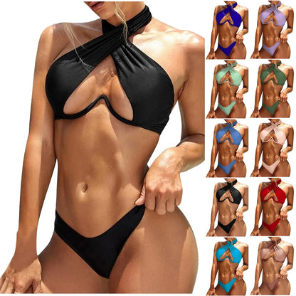 Split Colored Ring Linked Open Back Bikini For Women