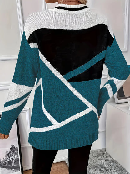 Elegant Contrast Color Patchwork Sweater Office Lady Style O Neck 3 4 Sleeve Knitted Pullover For Women