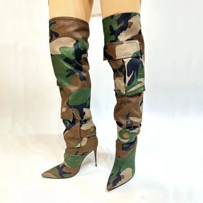 Designer Camouflage Themed Knee Length High Heel Boots