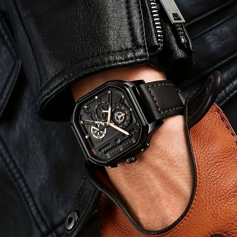 Mens Mechanical Dial Square Case Leather Band Casual Watches
