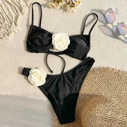 Sophisticated Black Bikini with White 3D Rose Details Aesthetic