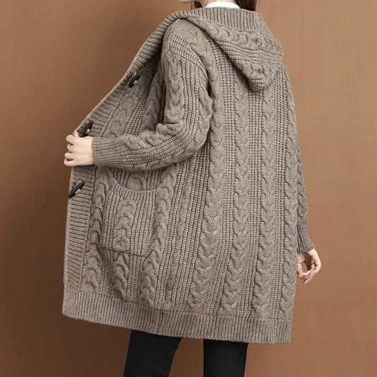 Womens Autumn Winter New Style Oversized Fried Dough Twist Sweater Cardigan Loose Fit Button Thick Knit Cardigan