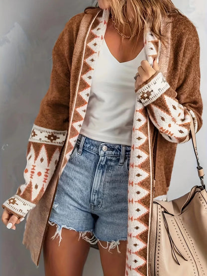 Boho Geometric Knit Cardigan for Women – Mid-Length Casual Sweater