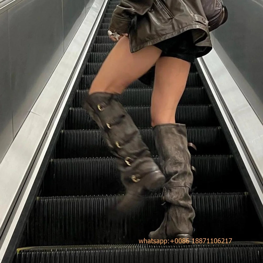 Womens Large Mid Length Retro Boots Buckle Casual Knight Boots For Autumn Winter 2025