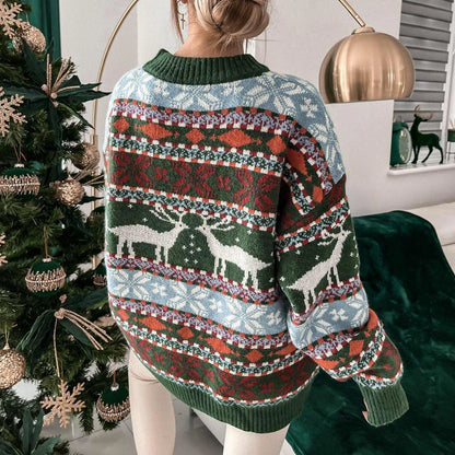 Y2K Style Women’s Christmas Sweater – Oversized O-Neck Knitwear, Full Sleeve Jacquard Pullover for Xmas Look