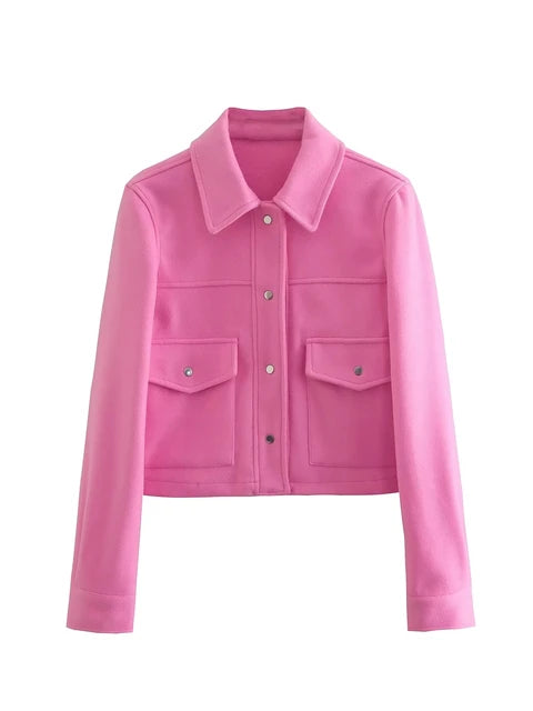 Two Sweet Pockets Pink Turndown Collar Jacket For Women