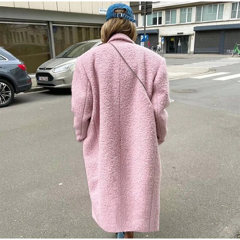 Chic Pink Woolen Overcoats For Women