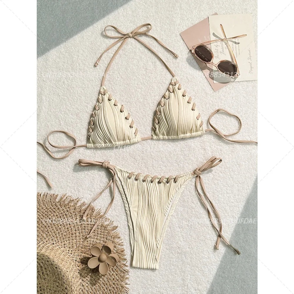 Minimalist Cream Lace-Up Plisse Bikini Aesthetic