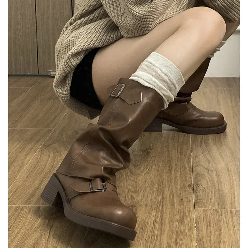 Pleated Buckle Pu Leather Mid Calf Women Boots