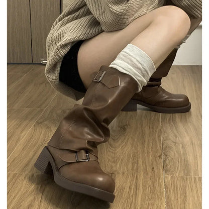 Pleated Buckle Pu Leather Mid Calf Women Boots