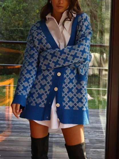 Geometric Jacquard V-Neck Knit Cardigan – Oversized 2025 Autumn/Winter