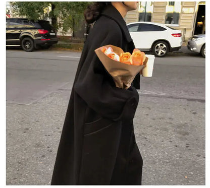 Elegant Black Wool Blend Coat for Women – 2025 Korean Style Thick Long Winter Overcoat