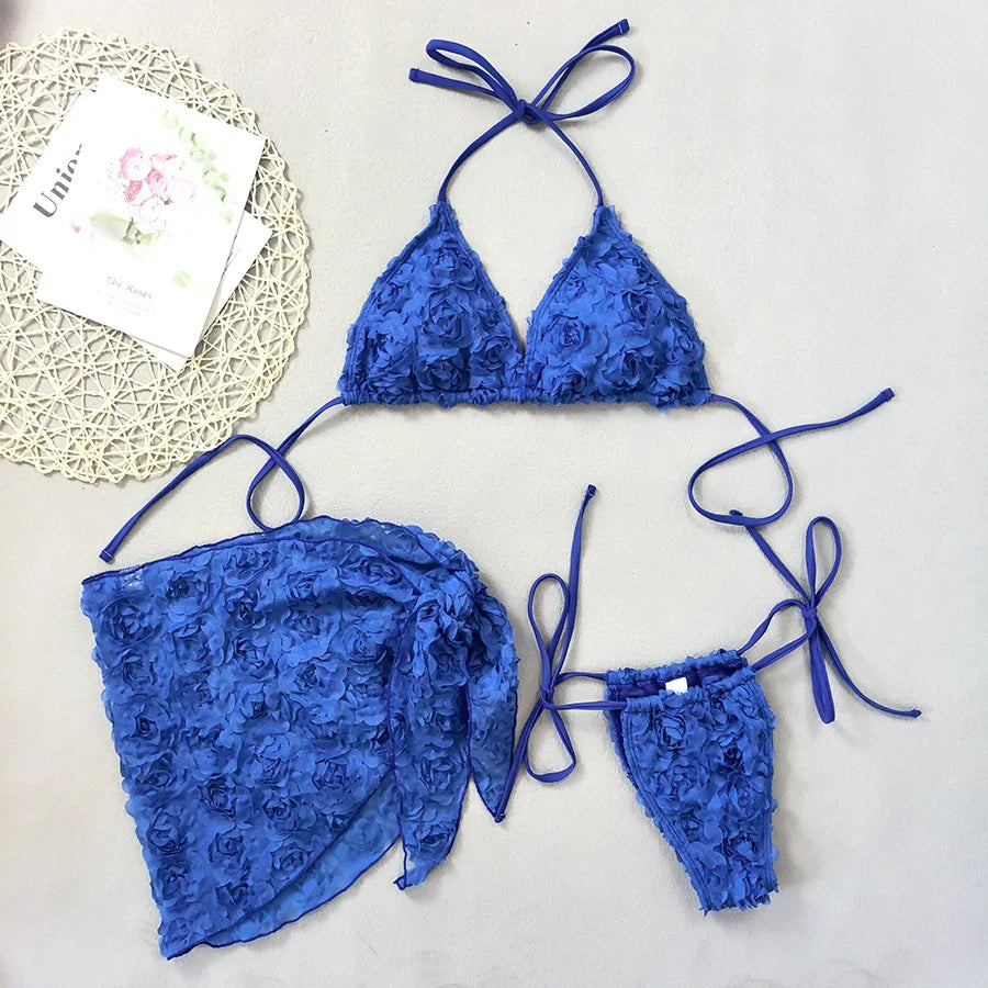 Romantic Pink 3D Floral Rosette Bikini and Sarong Set Aesthetic