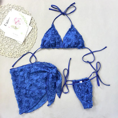 Romantic Pink 3D Floral Rosette Bikini and Sarong Set Aesthetic