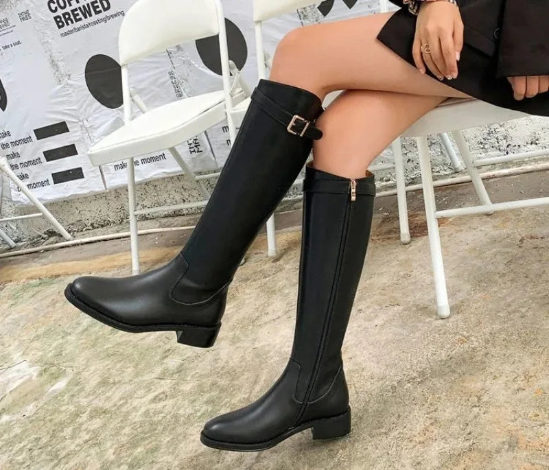 Winter Knee High Brown Boots Square Heel Zip Belt Buckle Gothic Style For Women